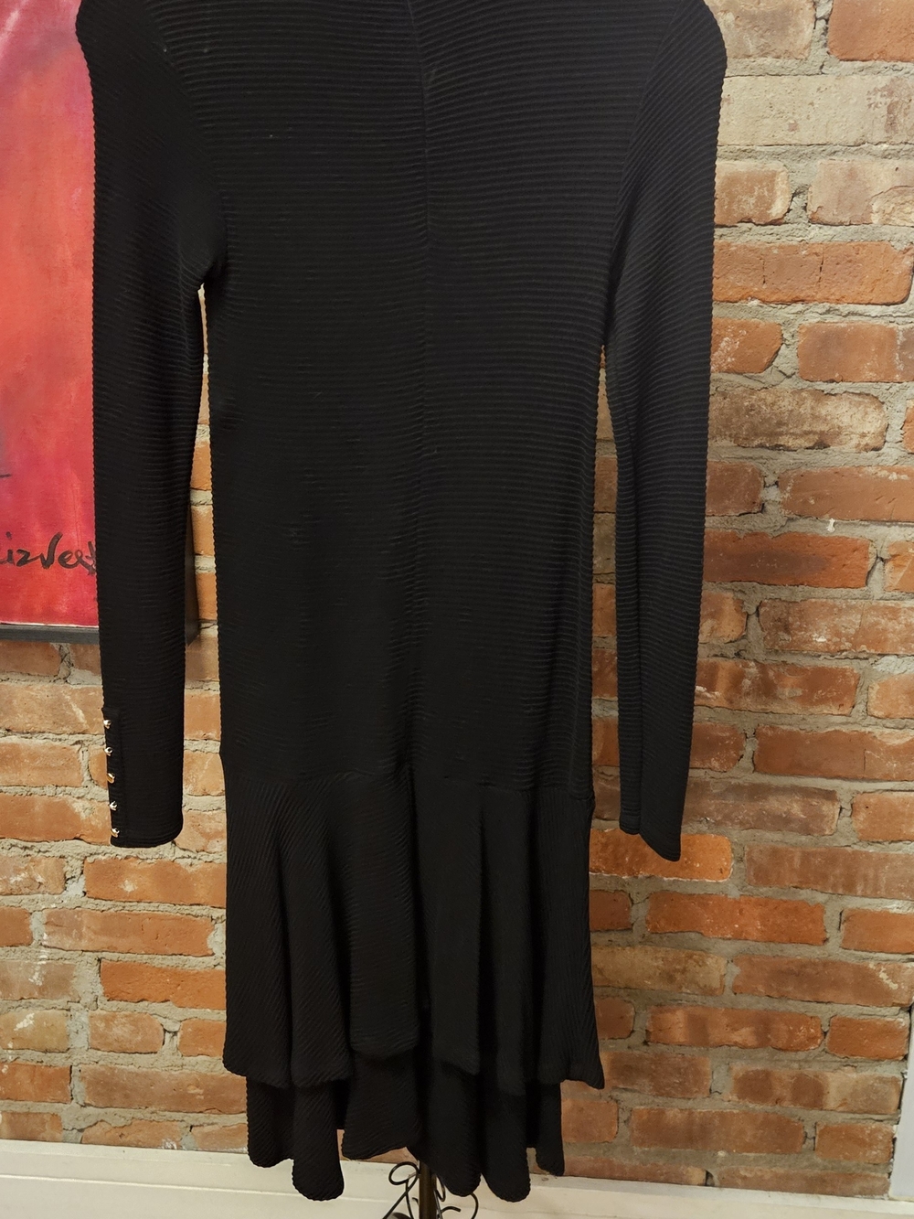 Black Ribbed Long-Sleeve Midi Dress with Tiered Skirt& Gold Wrist Buttons